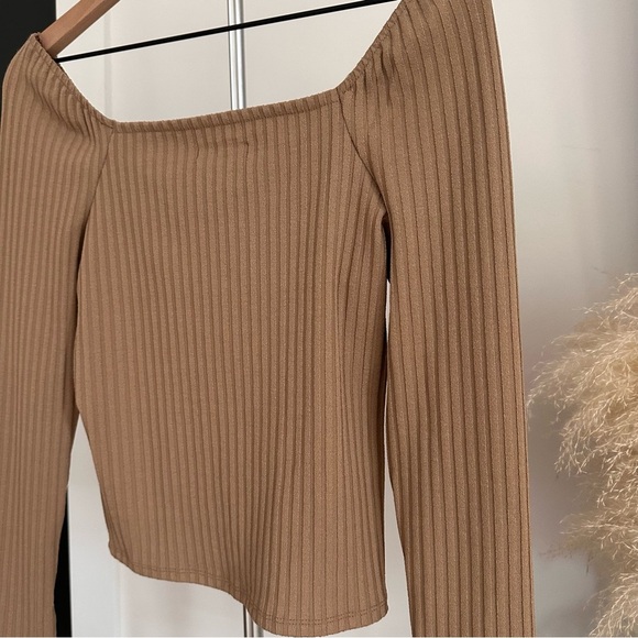 Madewell Tan Ribbed Square-Neck Top Long Sleeve Medium - Picture 5 of 8